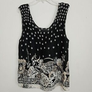 Women’s Size Medium Accordion Pleated Black Tan Floral Sleeveless Top Scoop Neck